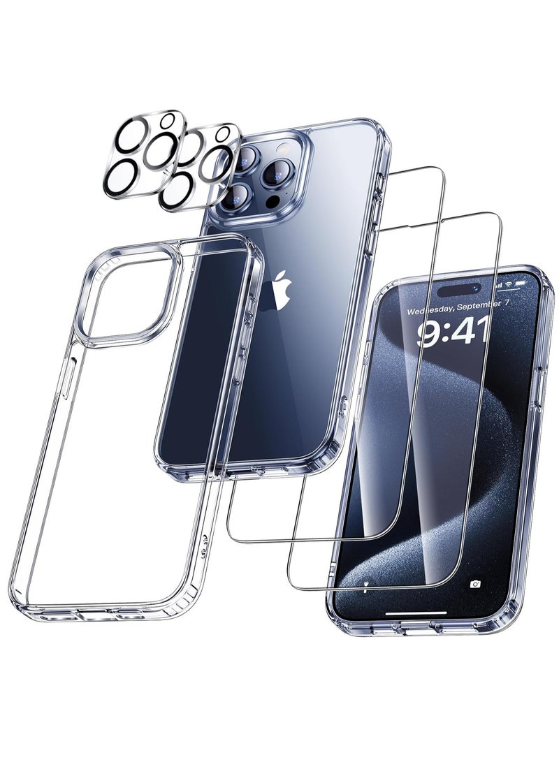 إلترازون 5-in-1 Clear Case for iPhone 15 Pro Max – Never Yellowing, Includes 1 Shockproof Case, 2 Tempered Glass Screen Protectors, 2 Camera Lens Protectors, Military Grade Protection - Image 1