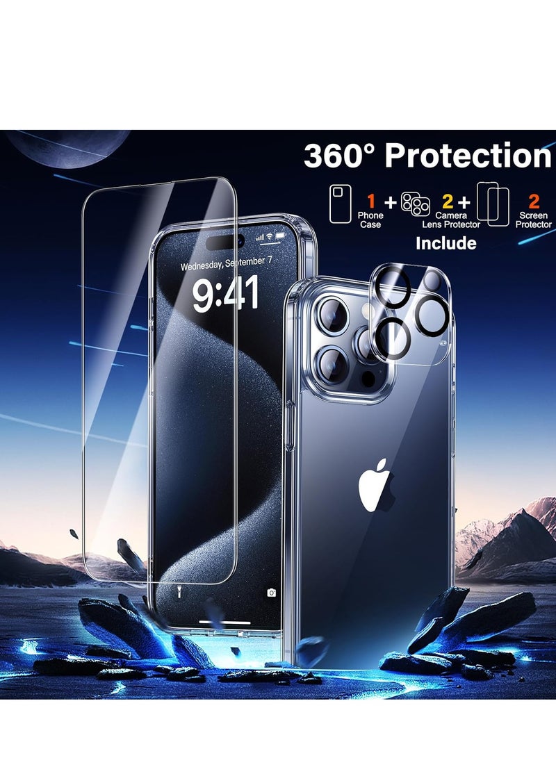 إلترازون 5-in-1 Clear Case for iPhone 15 Pro Max – Never Yellowing, Includes 1 Shockproof Case, 2 Tempered Glass Screen Protectors, 2 Camera Lens Protectors, Military Grade Protection - Image 2