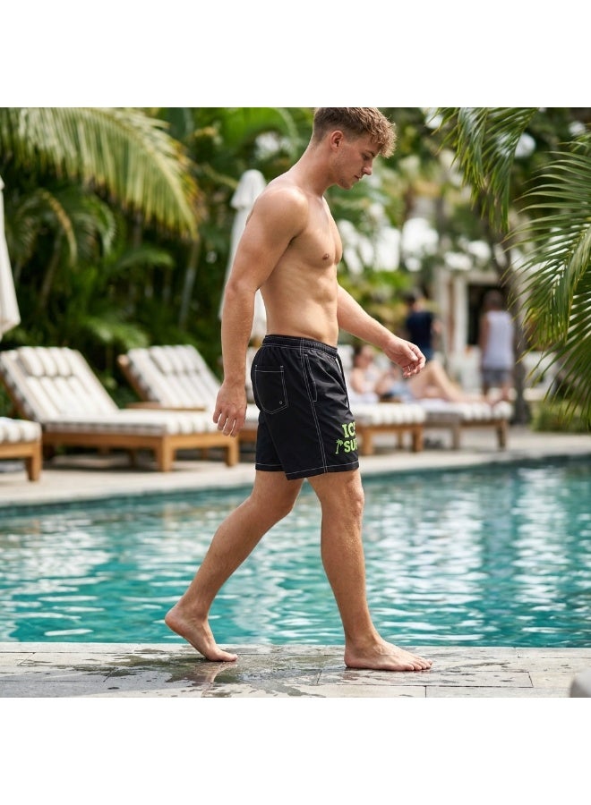 IceZone Men's Quick-Dry IceSurf Board Shorts, Black with Mesh Lining & Drawstring - Image 1
