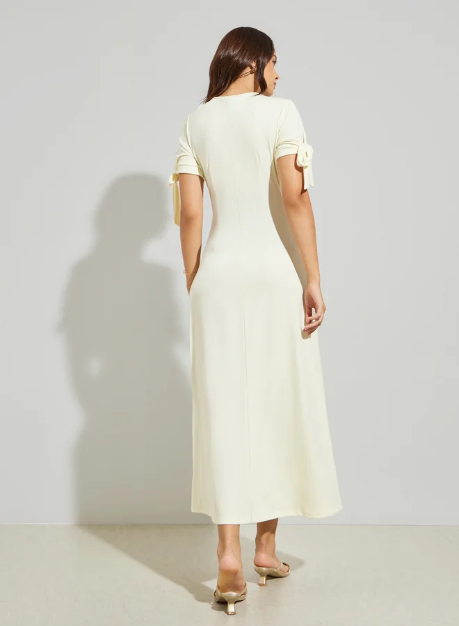 Styli  Yellow Solid Maxi Dress with Tie Sleeves for Women | Best Price UAE