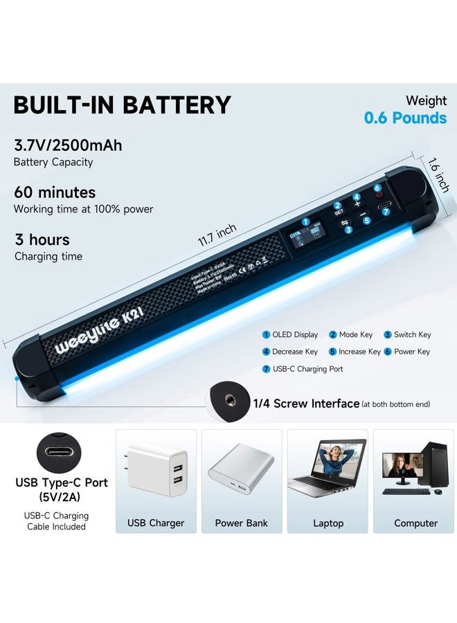 Weeylite K21 RGB LED Stick Light, Magnetic App Control LED Video Light Wand w CRI 95+ 2500mAh Rechargeable 2500-8500K Full Color Portable Handheld Photography Light for Portrait Video Recording TikTok - Image 5