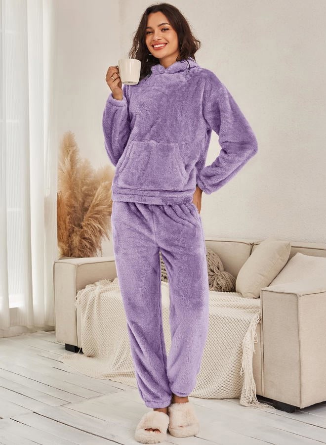 Flygo Women's Fluffy Pajamas Sets Fleece Loungewear Pullover Bear Ear Fuzzy Hoodie Plush Pants 2 Piece Sleepwear with Pockets, Purple, L - Image 2