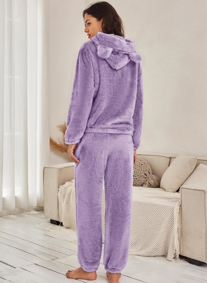 Flygo Women's Fluffy Pajamas Sets Fleece Loungewear Pullover Bear Ear Fuzzy Hoodie Plush Pants 2 Piece Sleepwear with Pockets, Purple, L - Image 5