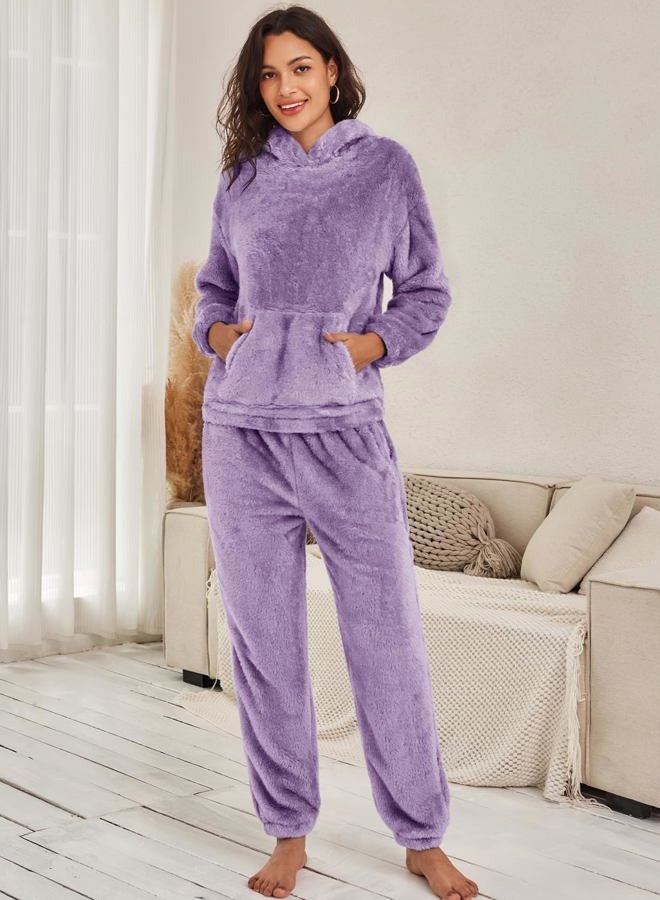 Flygo Women's Fluffy Pajamas Sets Fleece Loungewear Pullover Bear Ear Fuzzy Hoodie Plush Pants 2 Piece Sleepwear with Pockets, Purple, L - Image 4