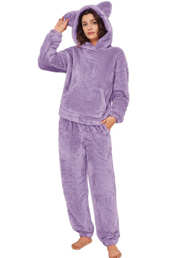 Flygo Women's Fluffy Pajamas Sets Fleece Loungewear Pullover Bear Ear Fuzzy Hoodie Plush Pants 2 Piece Sleepwear with Pockets, Purple, L - Image 1
