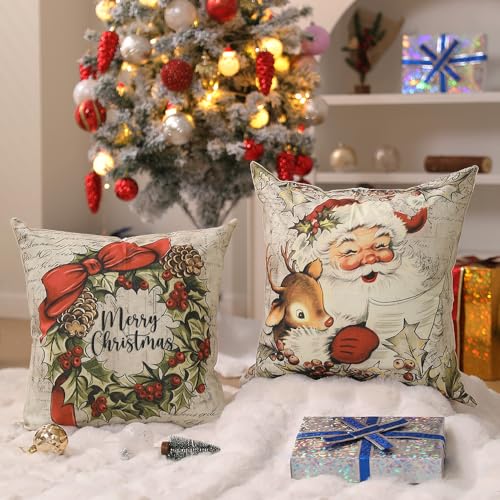 DFXSZ Christmas Pillow Covers 18x18 inch Set of 4 Santa Claus Reindeer Decorative Vintage Throw Pillow Covers Winter Retro Farmhouse Decoration for Home Couch BTHZ-140B18 - Image 3