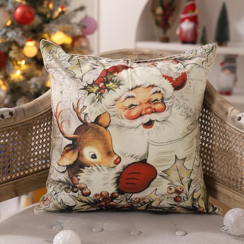 DFXSZ Christmas Pillow Covers 18x18 inch Set of 4 Santa Claus Reindeer Decorative Vintage Throw Pillow Covers Winter Retro Farmhouse Decoration for Home Couch BTHZ-140B18 - Image 2