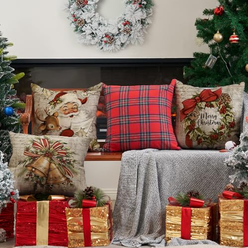 DFXSZ Christmas Pillow Covers 18x18 inch Set of 4 Santa Claus Reindeer Decorative Vintage Throw Pillow Covers Winter Retro Farmhouse Decoration for Home Couch BTHZ-140B18 - Image 4
