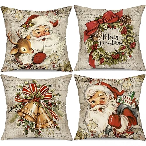 DFXSZ Christmas Pillow Covers 18x18 inch Set of 4 Santa Claus Reindeer Decorative Vintage Throw Pillow Covers Winter Retro Farmhouse Decoration for Home Couch BTHZ-140B18 - Image 1