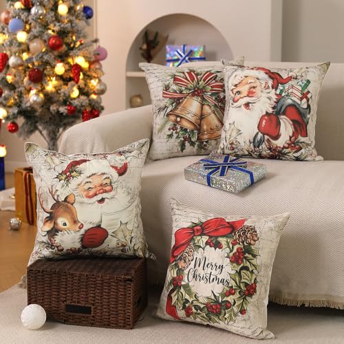 DFXSZ Christmas Pillow Covers 18x18 inch Set of 4 Santa Claus Reindeer Decorative Vintage Throw Pillow Covers Winter Retro Farmhouse Decoration for Home Couch BTHZ-140B18 - Image 5