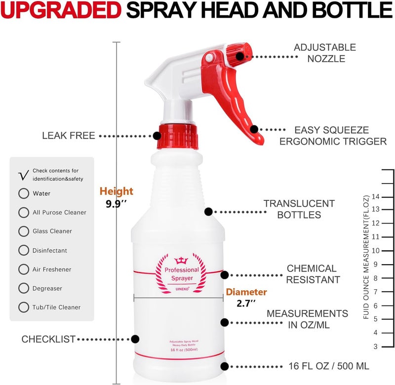 Uineko Plastic Spray Bottle (4 Pack, 16 Oz, All-Purpose) Heavy Duty Spraying Bottles Leak Proof Mist Empty Water Bottle for Cleaning Solution Planting Pet with Adjustable Nozzle and Measurements - Image 5
