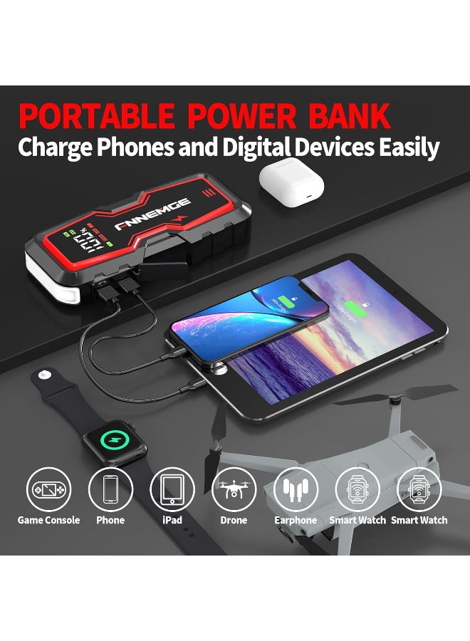 FNNEMGE Car Jump Starter, 6000A Peak 12V Jump Starter Battery Pack(Up to All Gas, 8.0L Diesel Engine),with USB Charge Output Port,LED Light,HD Large Screen - Image 3