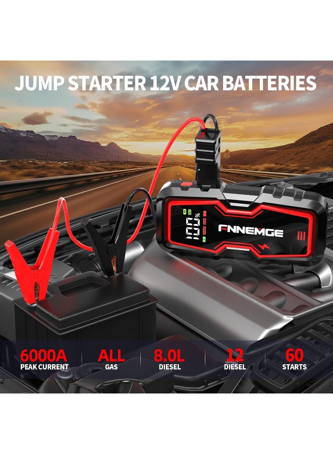 FNNEMGE Car Jump Starter, 6000A Peak 12V Jump Starter Battery Pack(Up to All Gas, 8.0L Diesel Engine),with USB Charge Output Port,LED Light,HD Large Screen - Image 2