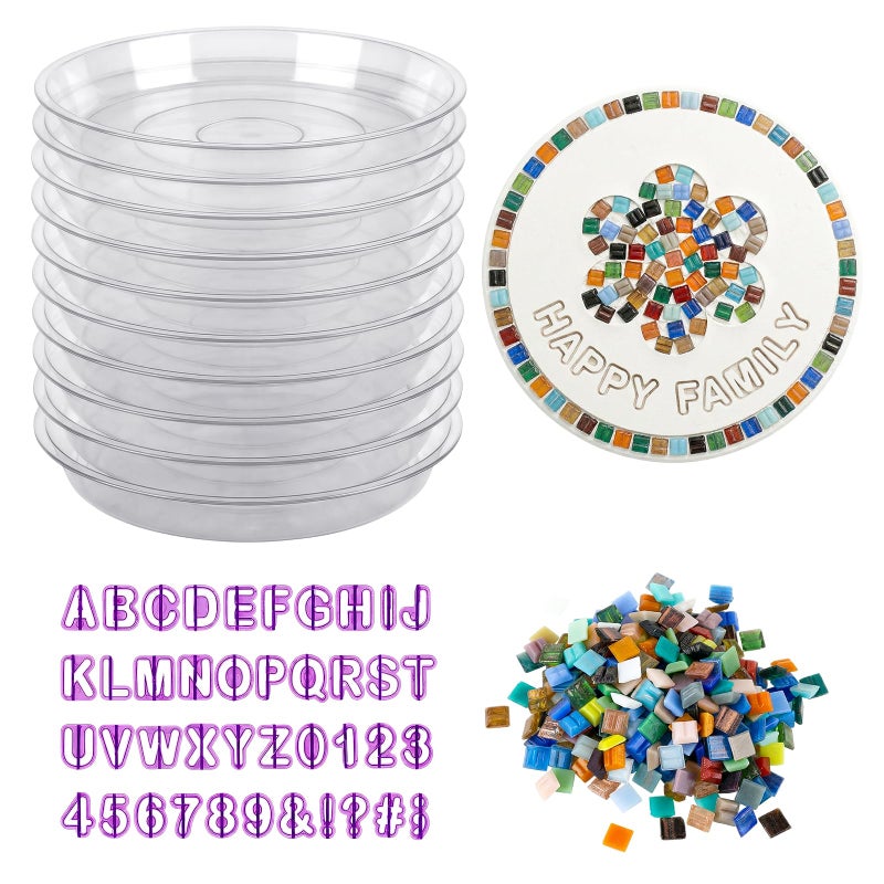U0U 10PCS Stepping Stone Kit Includes Round Cement Molds, Mosaic Tiles and Carving Tools,DIY Garden Stepping Stone kit for Kids,Family,Outdoor Walkways Pavement Decoration (Transparent, 10inch) - Image 1