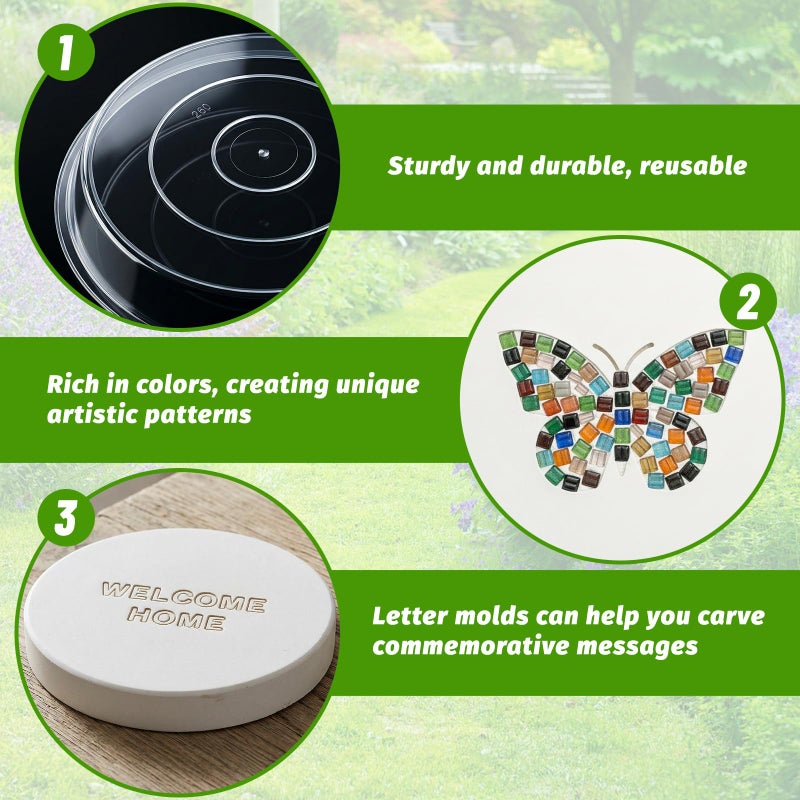 U0U 10PCS Stepping Stone Kit Includes Round Cement Molds, Mosaic Tiles and Carving Tools,DIY Garden Stepping Stone kit for Kids,Family,Outdoor Walkways Pavement Decoration (Transparent, 10inch) - Image 3