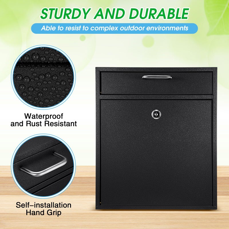 Yaocom Locking Mailbox with Key for Outdoor 12 x 10.5 x 4.7 Inches Large Wall Mount Mail Box with Lock Security Mail Drop Metal Collection Boxes Hanging Secure Postbox(Black) - Image 3