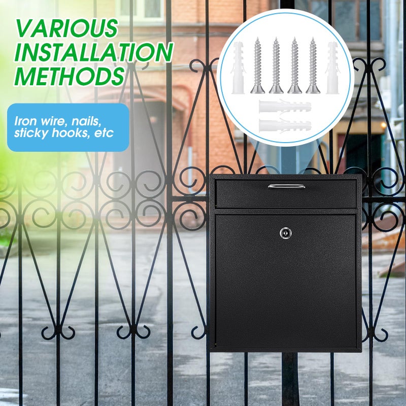 Yaocom Locking Mailbox with Key for Outdoor 12 x 10.5 x 4.7 Inches Large Wall Mount Mail Box with Lock Security Mail Drop Metal Collection Boxes Hanging Secure Postbox(Black) - Image 4