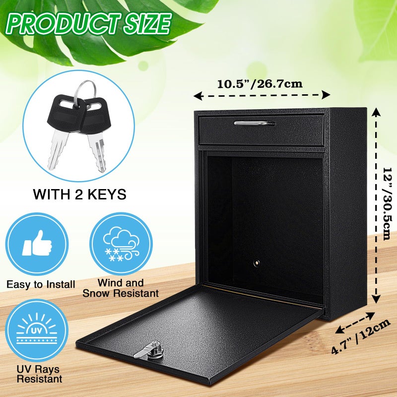 Yaocom Locking Mailbox with Key for Outdoor 12 x 10.5 x 4.7 Inches Large Wall Mount Mail Box with Lock Security Mail Drop Metal Collection Boxes Hanging Secure Postbox(Black) - Image 2
