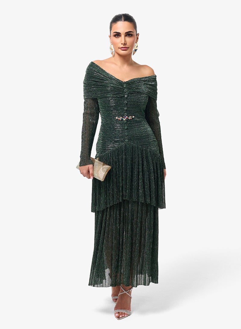 Threadz by Ajooni Long Sleeve Ruffle Sequin Maxi Dress - Image 1