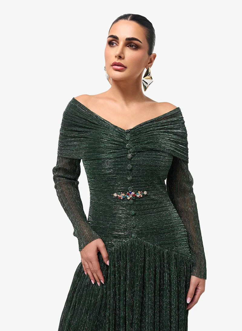 Threadz by Ajooni  Long Sleeve Ruffle Sequin Maxi Dress for Women | Best Price UAE