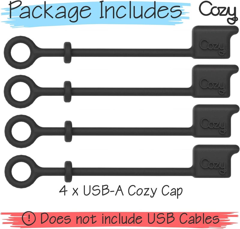 Cozy [4-Pack] USB Caps/Covers/Tether for USB A Cables with Dust Protection, Protects During Travel, Portable, Designed (USB A Black) - Image 3