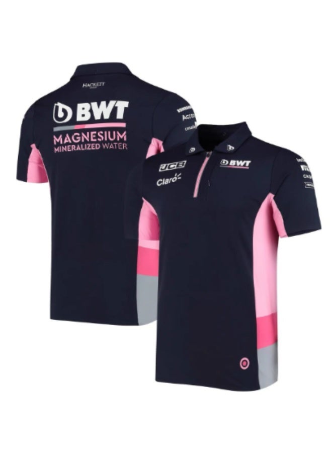 Racing Point Official Teamline Navy Blue  Pink Polo Shirt with  and Sponsor Logos-L