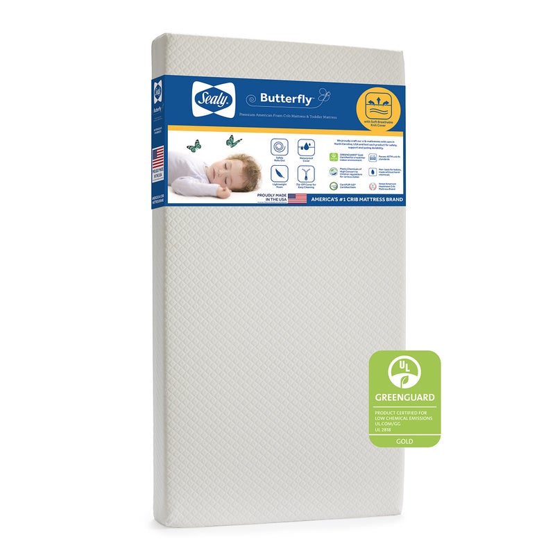 SEALY BABY Sealy Baby Butterfly Breathable Knit Crib Mattress GREENGUARD GOLD Certified Made in USA Premium Foam Washable Easy to Clean Cover Toddler Bed Fit Safety Quality Tested 52x28 