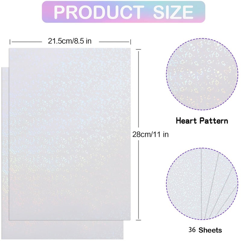 Cosrk Holographic Sticker Paper, 36 Sheets Transparent Holographic Vinyl Overlay Lamination Sheets, Clear Self Adhesive Laminate Sticker Film for Stickers DIY Crafts, Heart Patterns - 8.5x11 Inch - Image 2