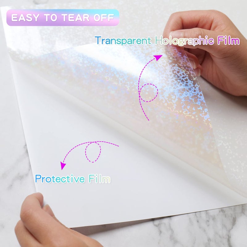 Cosrk Holographic Sticker Paper, 36 Sheets Transparent Holographic Vinyl Overlay Lamination Sheets, Clear Self Adhesive Laminate Sticker Film for Stickers DIY Crafts, Heart Patterns - 8.5x11 Inch - Image 3
