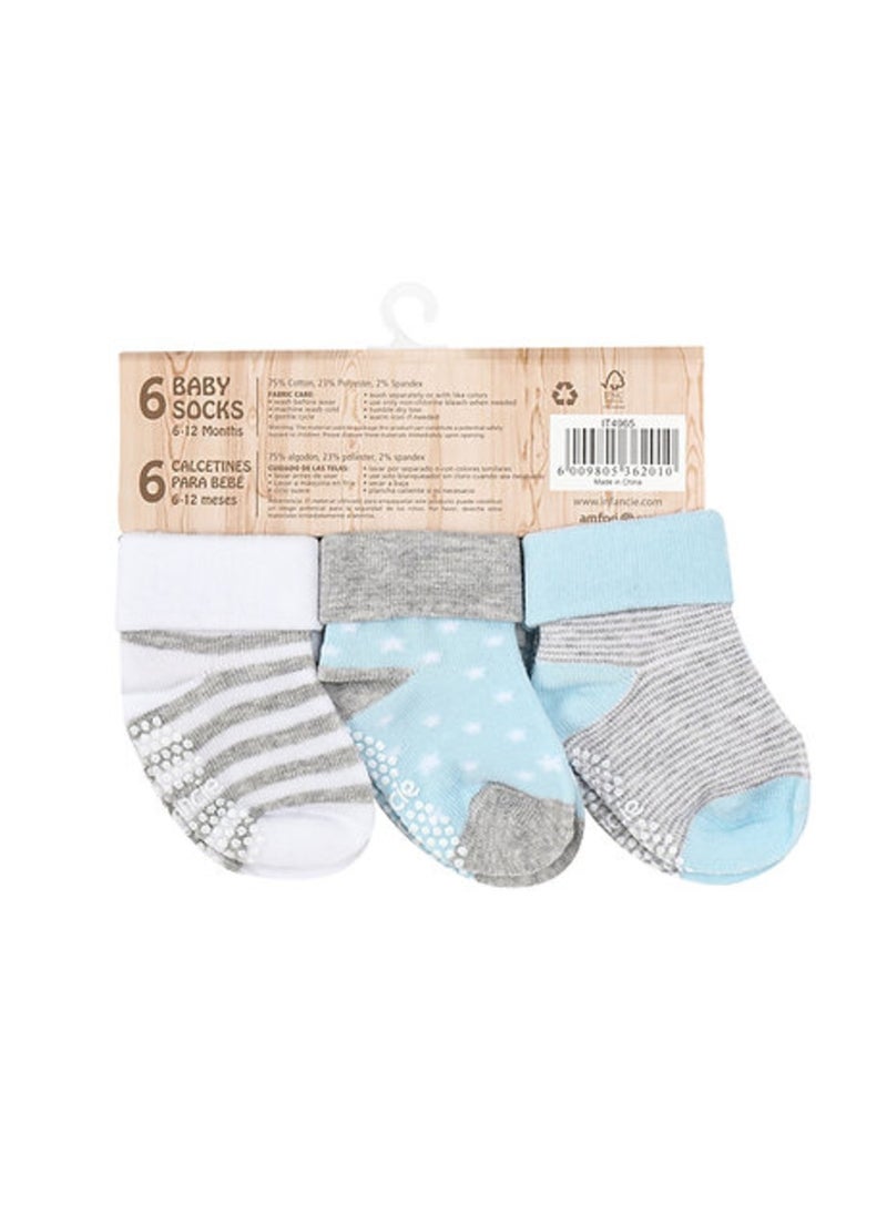 infancie 6-Pack Non-Slip Grip Baby Cotton Socks (6-12 Months) White/Light Blue/Grey  - Image 1