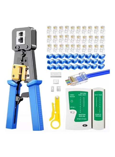 RJ45 Crimp Tool Kit with Pass Through Connectors - Cat5/5e/Cat6 Ethernet Cable Crimper, Network Tester, and Wire Stripper Set, 30PCS 1.1mm CAT6 Connectors & Covers Included