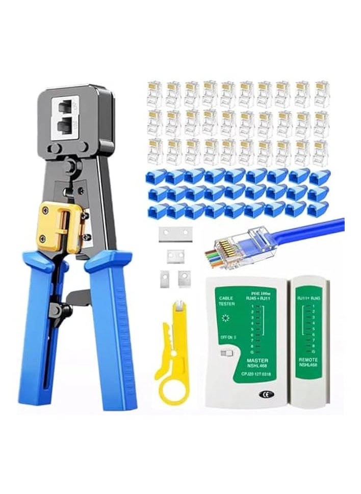PROMASS RJ45 Crimp Tool Kit with Pass Through Connectors - Cat5/5e/Cat6 Ethernet Cable Crimper, Network Tester, and Wire Stripper Set, 30PCS 1.1mm CAT6 Connectors & Covers Included  - Image 1