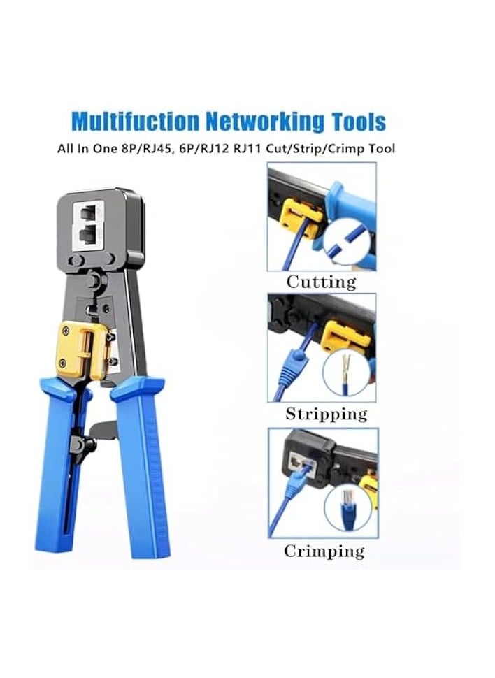 PROMASS RJ45 Crimp Tool Kit with Pass Through Connectors - Cat5/5e/Cat6 Ethernet Cable Crimper, Network Tester, and Wire Stripper Set, 30PCS 1.1mm CAT6 Connectors & Covers Included  - Image 2