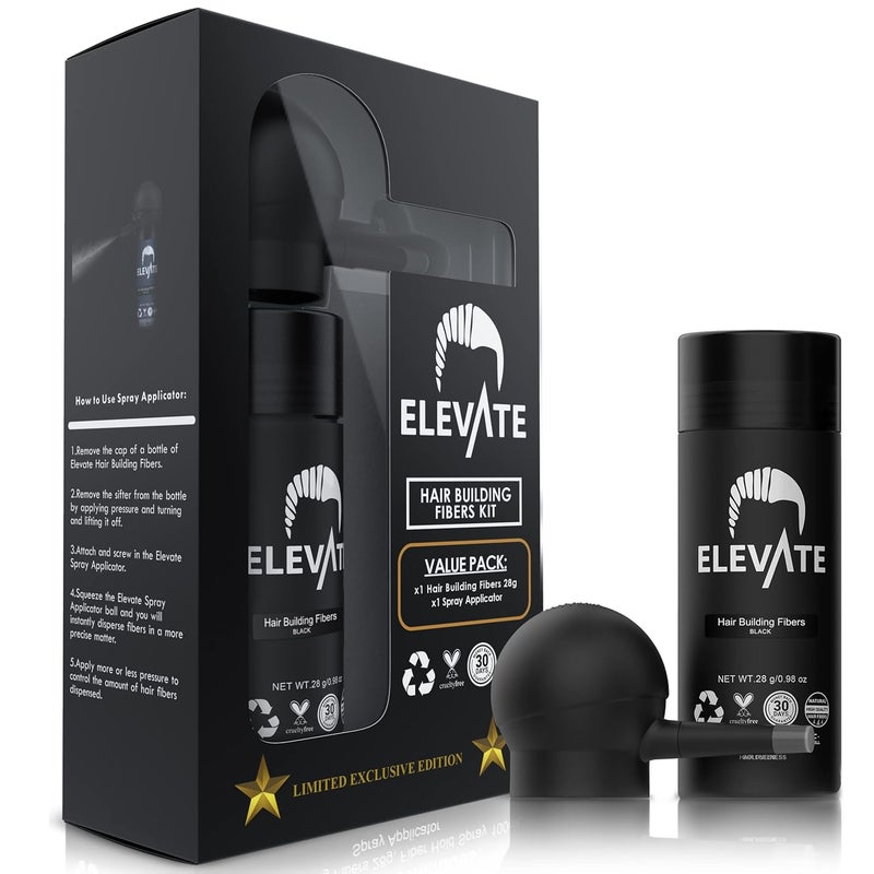 ELEVATE Hair Perfecting 2in1 Kit  Set Includes Natural Hair Thickening Fibers  Spray Applicator Pump Nozzle  Instantly Conceal  Thicken Thinning Balding Areas in Seconds  Men  Women Black