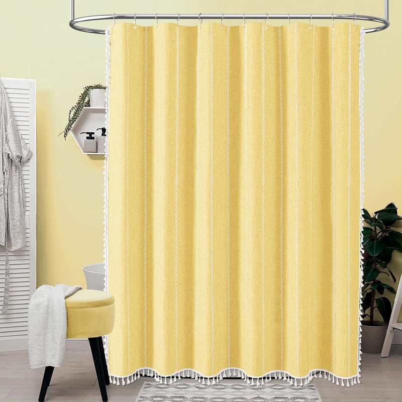 BTTN Boho Farmhouse Shower Curtain - Linen Rustic Heavy Duty Striped Fabric Shower Curtain Set, Bohemian Vintage Country Cloth Shower Curtains for Bathroom, Yellow, 72" W x 72" L (Pack of 1) - Image 2