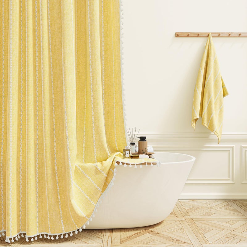 BTTN Boho Farmhouse Shower Curtain - Linen Rustic Heavy Duty Striped Fabric Shower Curtain Set, Bohemian Vintage Country Cloth Shower Curtains for Bathroom, Yellow, 72" W x 72" L (Pack of 1) - Image 1