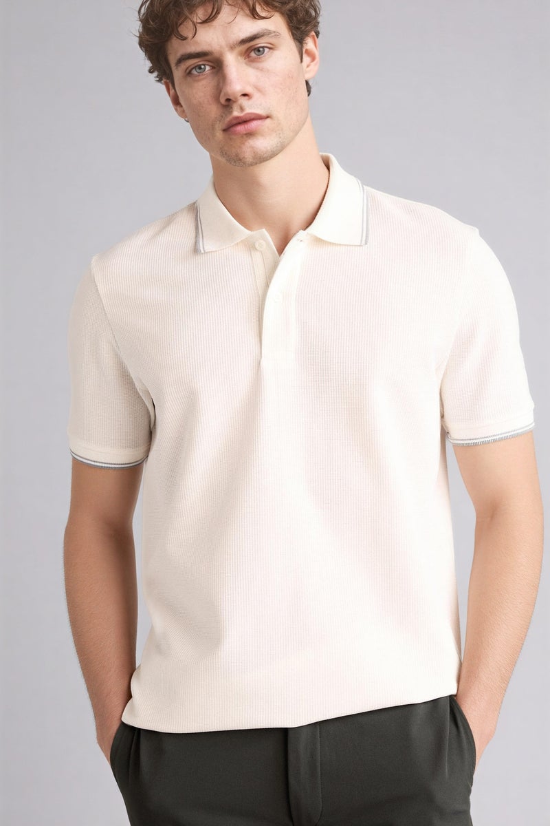 DeFacto White Man Regular Fit Waffle Collar Polo T-Shirt Casual - Image 3