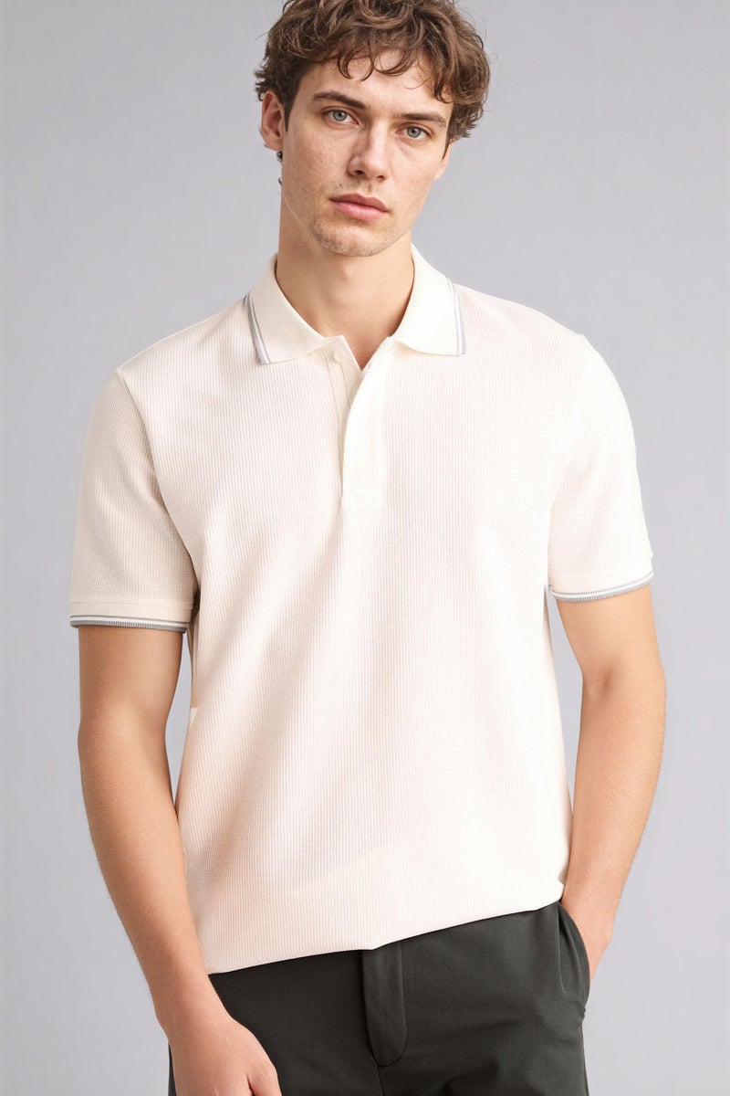 DeFacto White Man Regular Fit Waffle Collar Polo T-Shirt Casual - Image 1