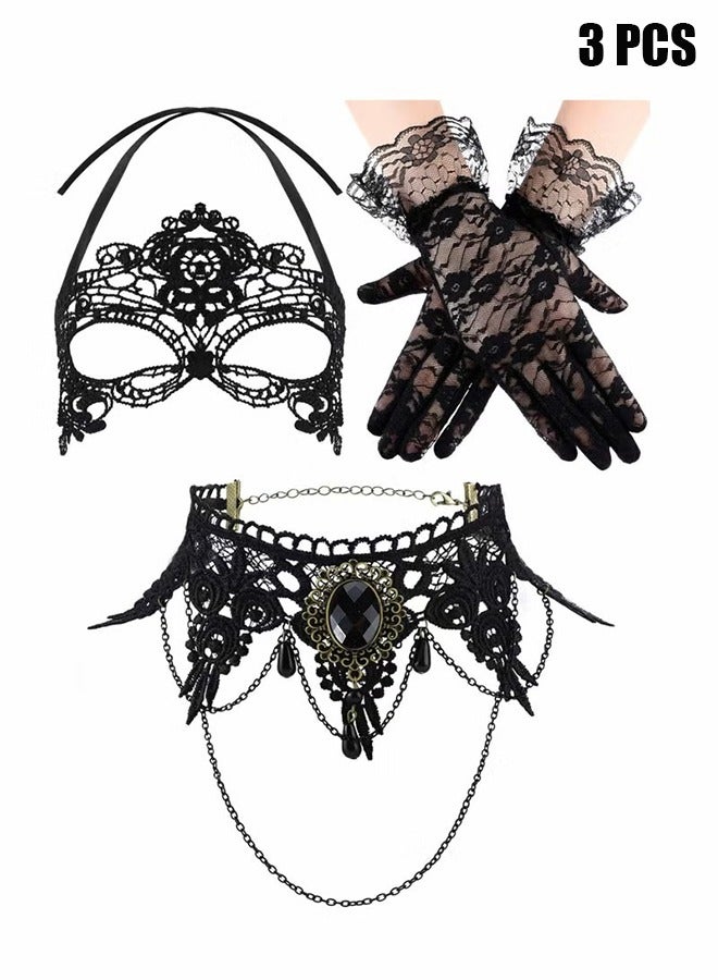 HY Venetian Masquerade Masks, Masquerade Costume Set of 3, Lace Masquerade Mask Black Choker Lace Necklace Lace Pattern Gloves Set for Women  - Image 1