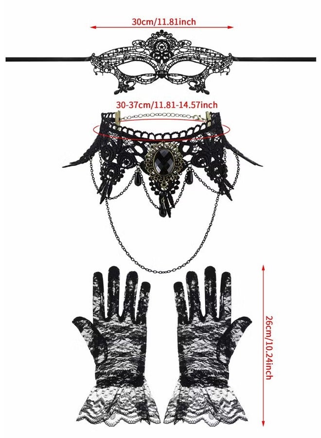 HY Venetian Masquerade Masks, Masquerade Costume Set of 3, Lace Masquerade Mask Black Choker Lace Necklace Lace Pattern Gloves Set for Women  - Image 2