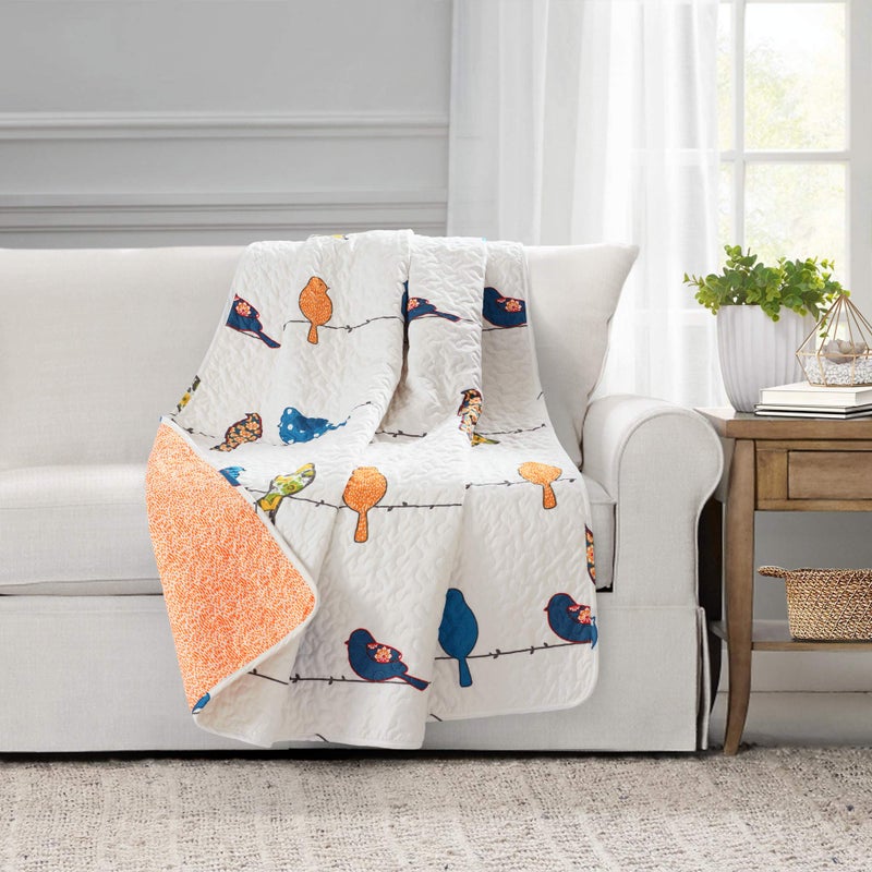 Lush Decor Lush Decor Rowley Birds Reversible Throw Blanket  50"" W x 60"" L  Multi - Colorful Floral Bird Print - Whimsical & Playful Quilted Bird Blanket For Bed  Couch Or Chair - Farmhouse & Boho Home Decor  - Image 1