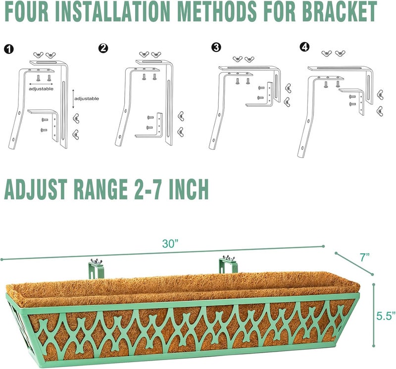 Karlliu 6 Pack 30 Inch Window Boxes Planters Railing Planter Box with Adjustable Brackets for Porch Fence Patio Balcony Hanging Flower Baskets with Coco Liners for Outdoor Garden Decor - Green - Image 5