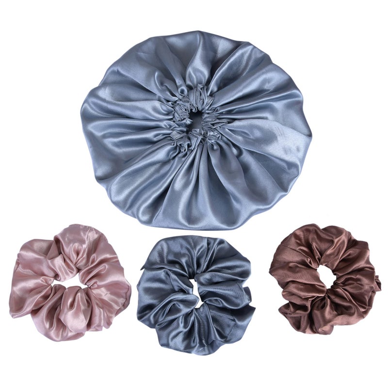 NNR Satin Silk Premium Sleeping Caps, Double Layered Stretchable Hair Bonnets & Hair Scrunchies for Girls and Women, for All Head Size, Set of 4 Pcs - Multicolor4 - Image 1