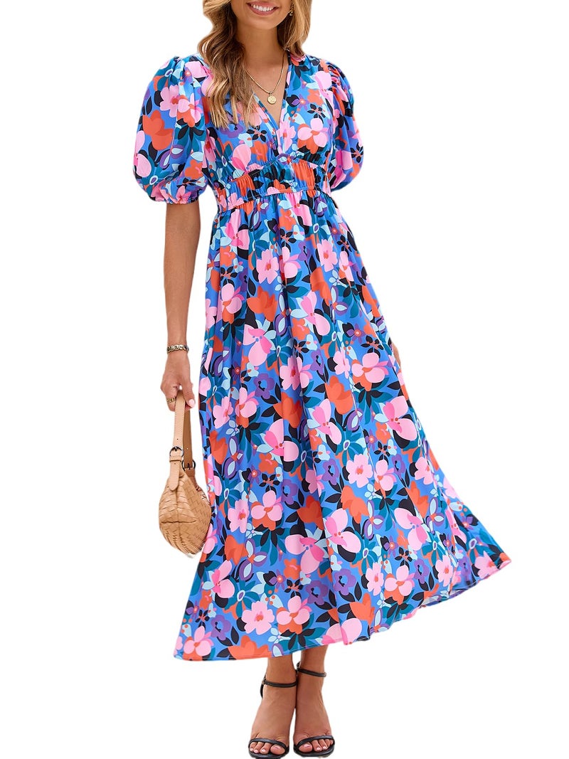 Maxigerui Women's Summer Floral Maxi Dress Spring Wedding Guest Dress 2026 Blue Pink Floral M - Image 1