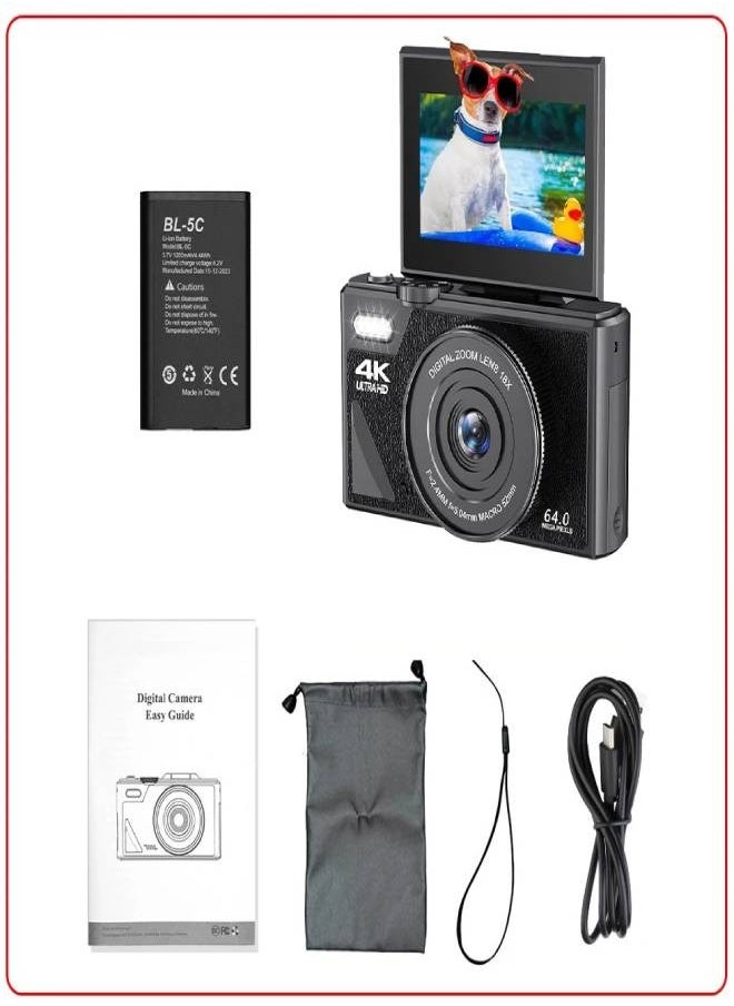 AROAQ 4K Digital Camera for Photography, 64MP UHD 18X Zoom Autofocus Compact Digital Camera with 3 Inch Flip Screen, Vlogging Camera for Travel Photography Vlogging, Travel Camera  - Image 1
