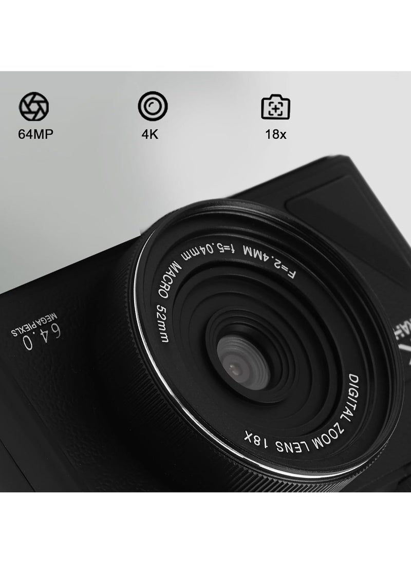 AROAQ - 4K Digital Camera for Photography, 64MP UHD 18X Zoom Autofocus Compact Digital Camera with 3 Inch Flip Screen, Vlogging Camera for Travel Photography Vlogging, Travel Camera - Image 1
