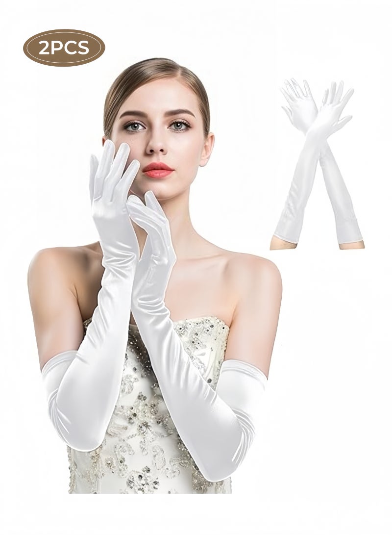 2 Pcs Long Evening Party Gloves for Women,Long Satin Gloves Elbow Length Opera Gloves Princess Wedding Gloves Costume Gloves Bridal Evening Gloves Party Prom(White) - Image 1