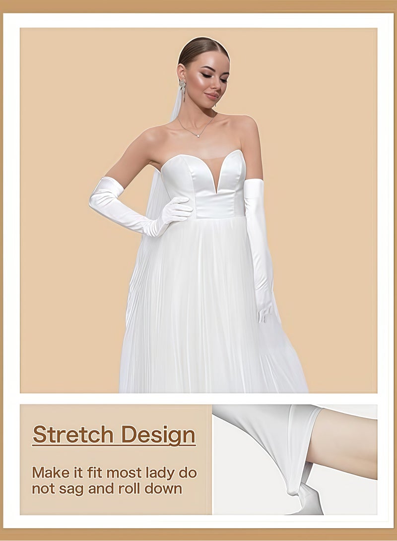 2 Pcs Long Evening Party Gloves for Women,Long Satin Gloves Elbow Length Opera Gloves Princess Wedding Gloves Costume Gloves Bridal Evening Gloves Party Prom(White) - Image 2