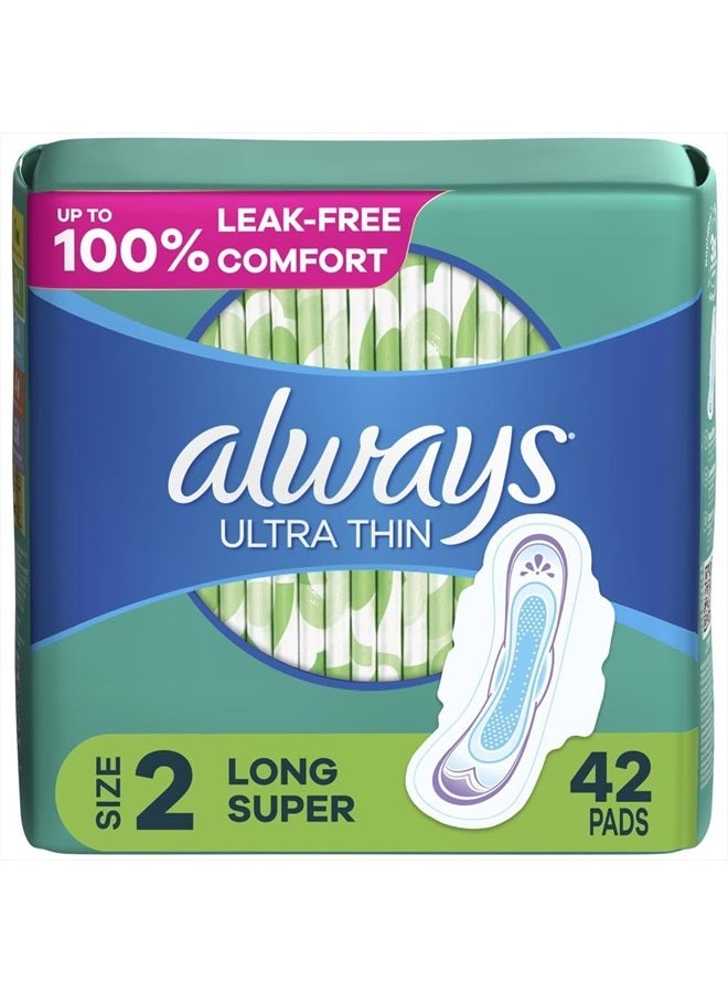 Always فوط نسائية رفيعة للغاية للنساء، الحجم 2 طويل، امتصاص فائق، مع أجنحة، بدون رائحة، 42 قطعة - Image 1