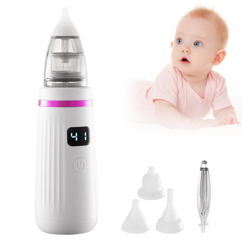 PORFOYO Electric Nasal Aspirator Baby Electric Nasal Aspirator Baby Nasal Aspirator with 3 Silicone Tips and Tweezers, Rechargeable Nose Cleaner for Newborns, Toddlers, Infants (Purple + White) - Image 1